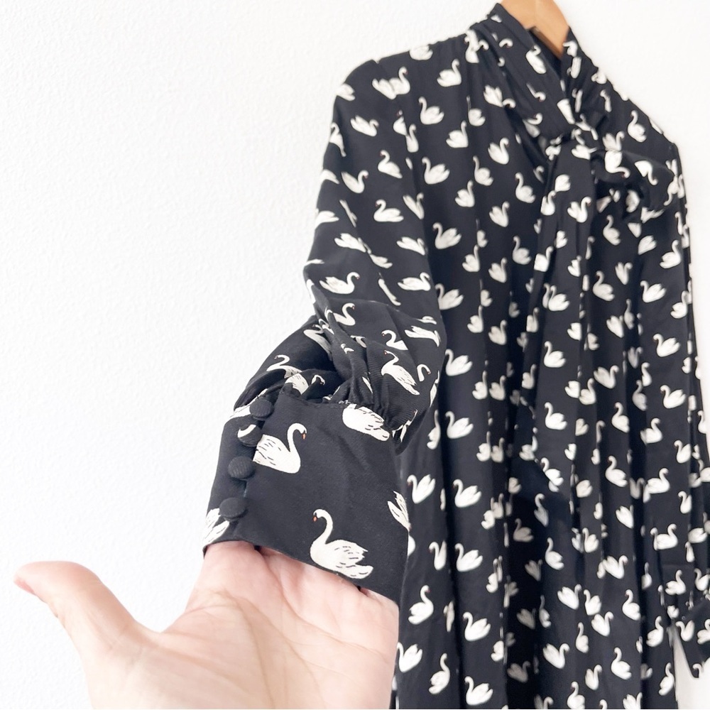 Anthropologie Maeve The Caroline Tie-Neck Mini Dress Black Swan Print - Picture 3 of 9